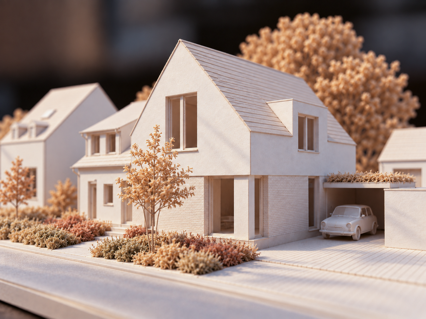 Wohnhaus AO – Modellvisualisierung der Straßenseite mit Satteldach und seitlichem Stellplatz