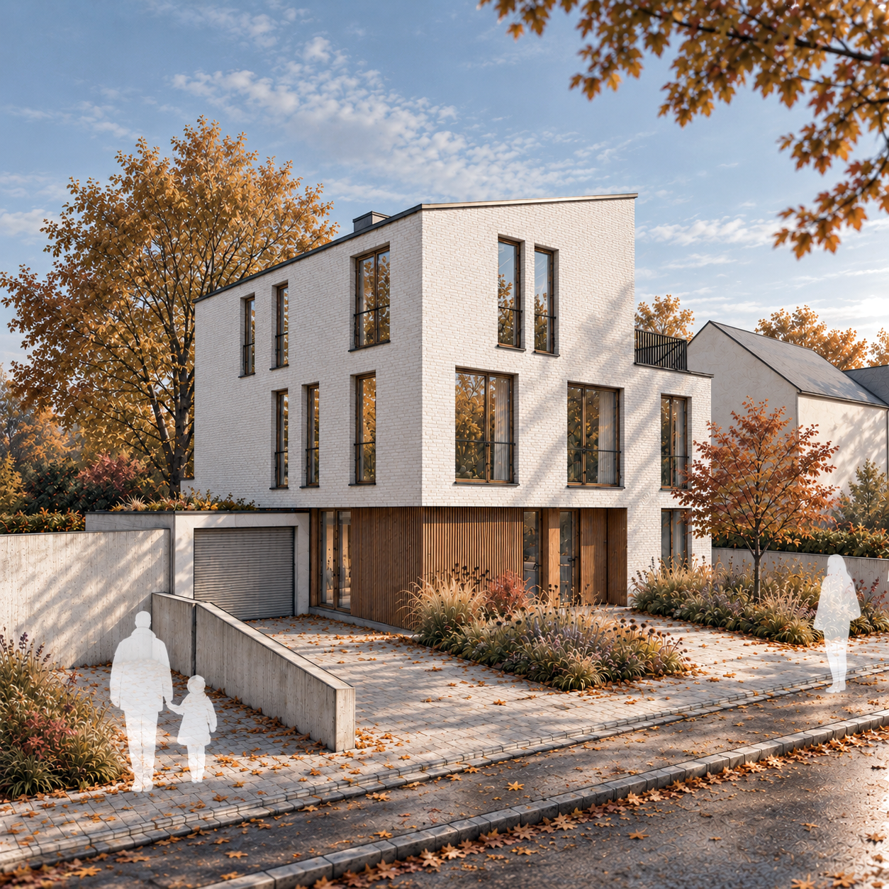 Wohnhaus Y¹ – Visualisierung mit heller Ziegelfassade, Holzdetails und herbstlicher Bepflanzung in Ratingen